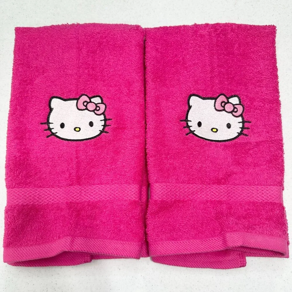 Hello Kitty Towels Embroidered Hand Towel Set Hot Pink Cute Girly Bathroom Decor